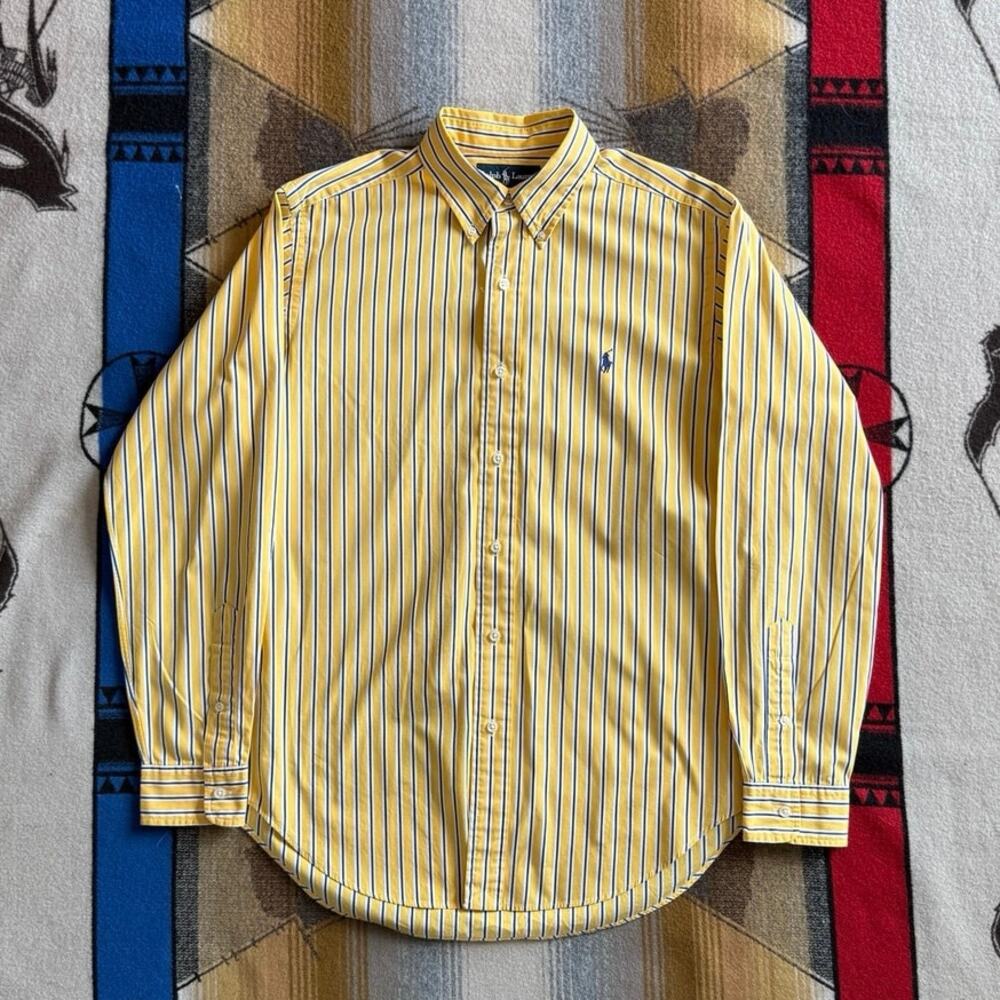 Vintage Men’s Ralph Lauren Striped Button Up Dress Shirt Size Medium Yellow Blue